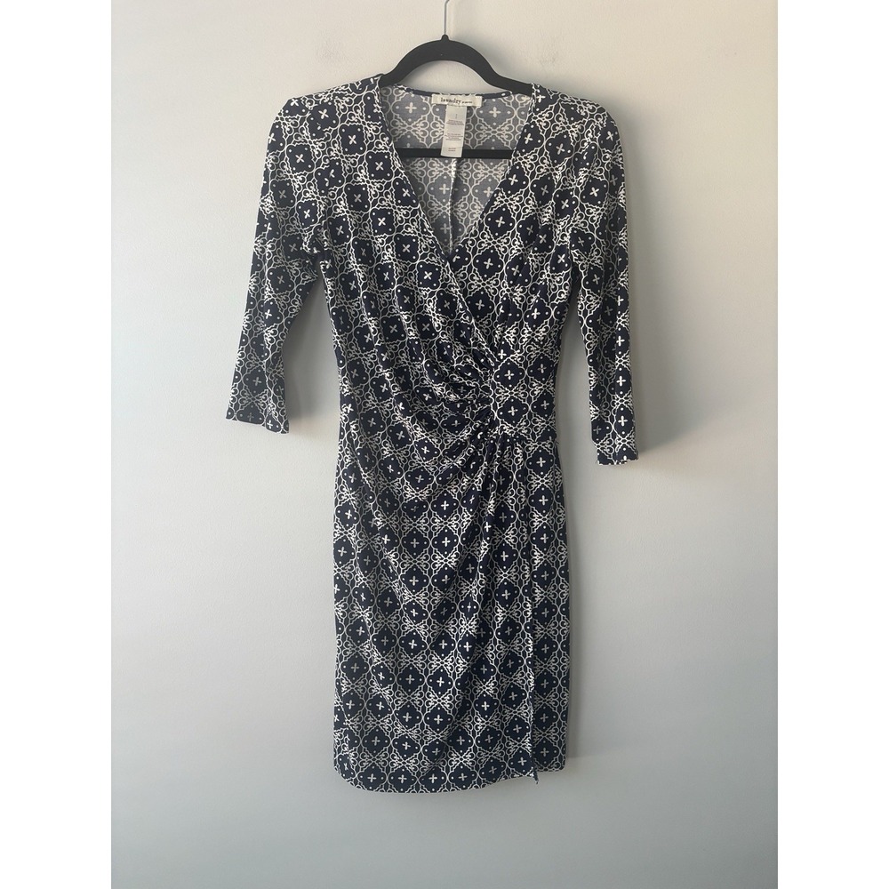 Laundry By Design‎ Women's Navy Geometric Wrap V-Neck 3/4 Sleeve Dress Sz 4